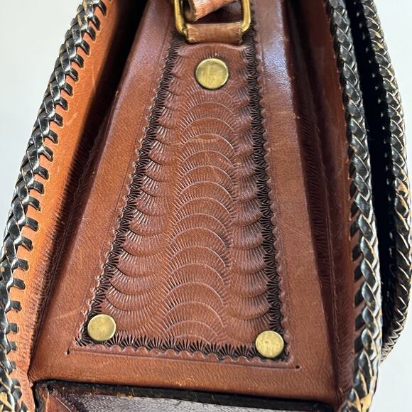 Vintage Artisan Leather Crossbody Bag 12" Twist Lock Embossed Tooled Whipstitch - Picture 8 of 16